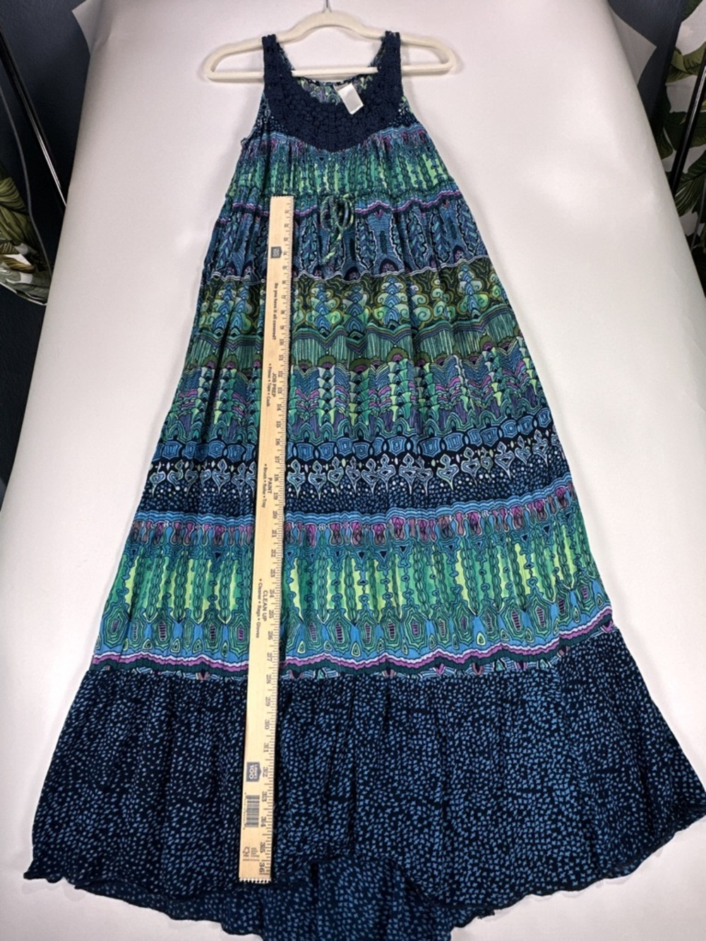 Bila Maxi Dress Crochet Neck Tiered Geometric Boho Blue Green Size S - Picture 11 of 11